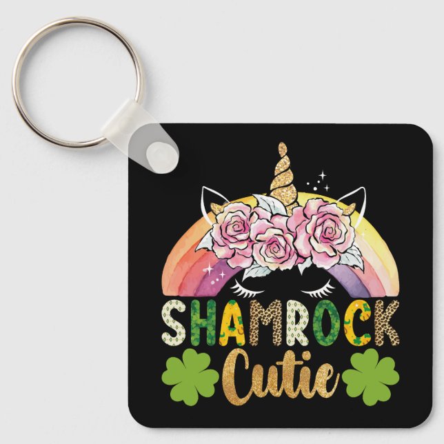 Shamrock Cutie Unicorn Rainbow St Patricks Day Key Ring (Front)