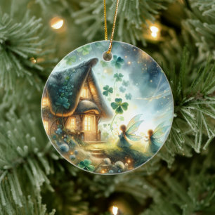 Shamrock Fairy Cottage Glow Ceramic Ornament