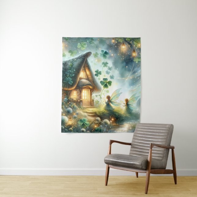 Shamrock Fairy Cottage Glow Tapestry (In Situ)