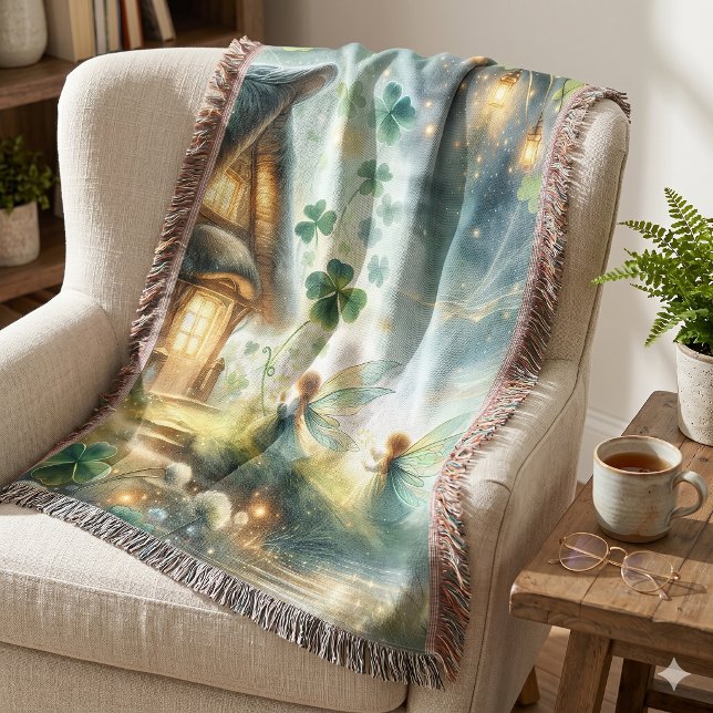 Shamrock Fairy Cottage Glow Throw Blanket (Shamrock Fairy Cottage Glow Throw Blanket)