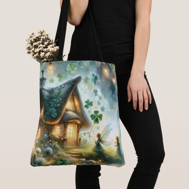 Shamrock Fairy Cottage Glow Tote Bag (Close Up)
