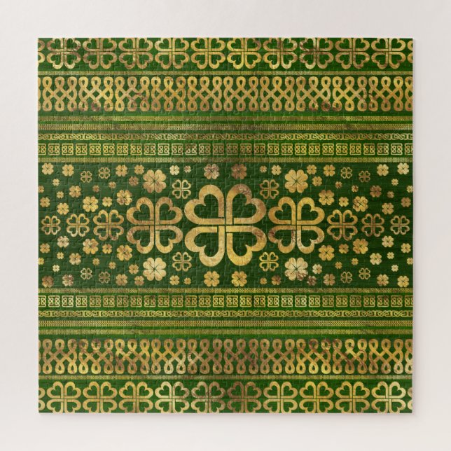 Shamrock Four-leaf Clover Green Wood and Gold Jigsaw Puzzle (Vertical)