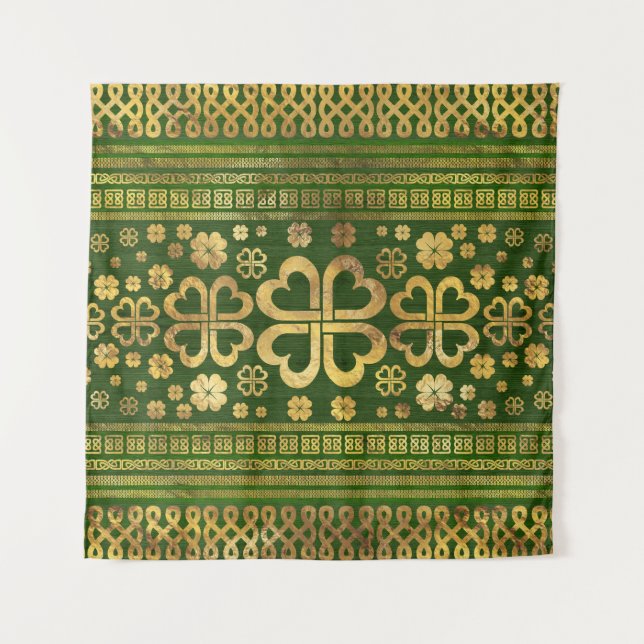 Shamrock Four-leaf Clover Green Wood and Gold Tapestry (Front)