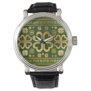 Shamrock Four-leaf Clover Green Wood and Gold Watch