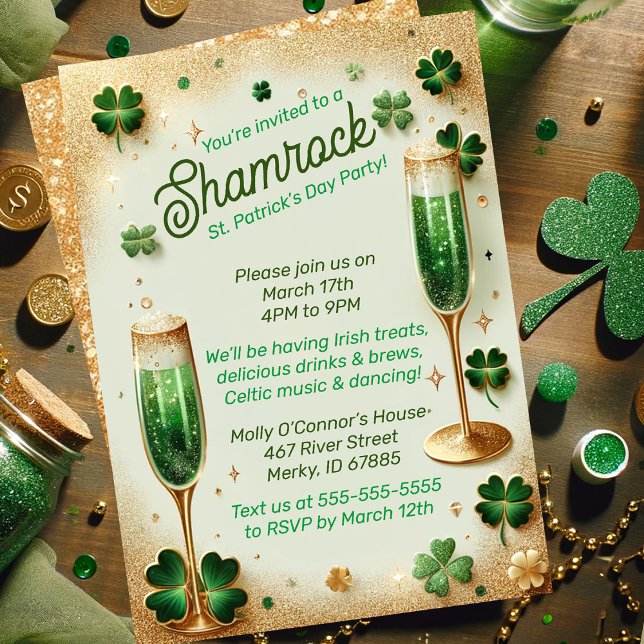 Shamrock Glitter St Patrick’s Day Party Fest Invitation (Creator Uploaded)