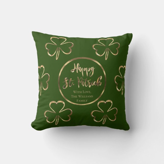 Shamrock Green and Gold Irish St. Patrick Cushion (Front)