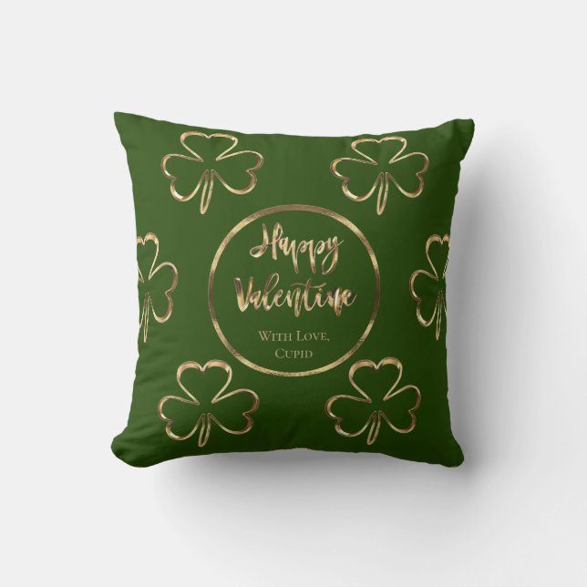 Shamrock Green and Gold Irish Valentine's Day Cushion (Front)