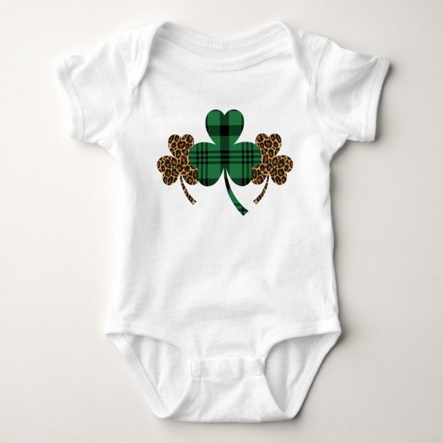 Shamrock Green Buffalo Plaid Pattern Leopard Print Baby Bodysuit (Front)