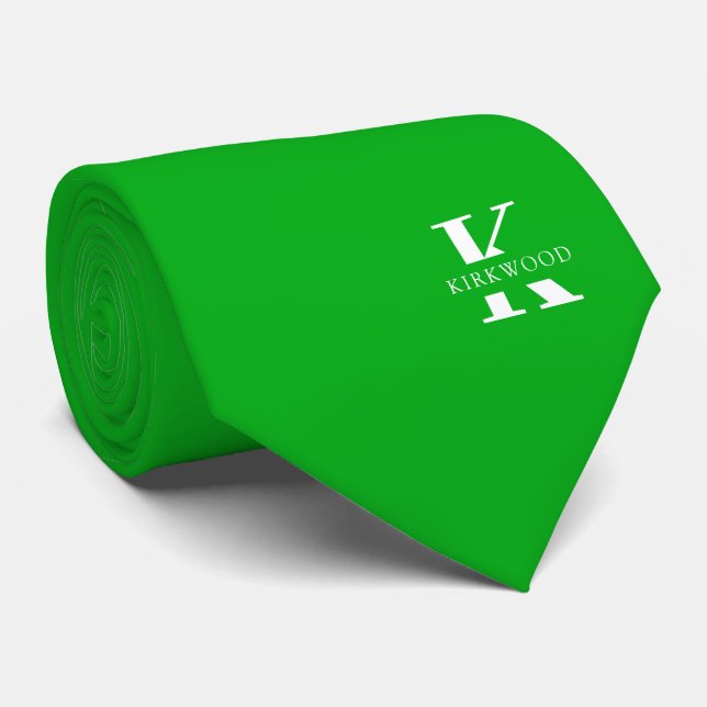 Shamrock Green Elegant Monogram + Name One-Sided Tie (Rolled)