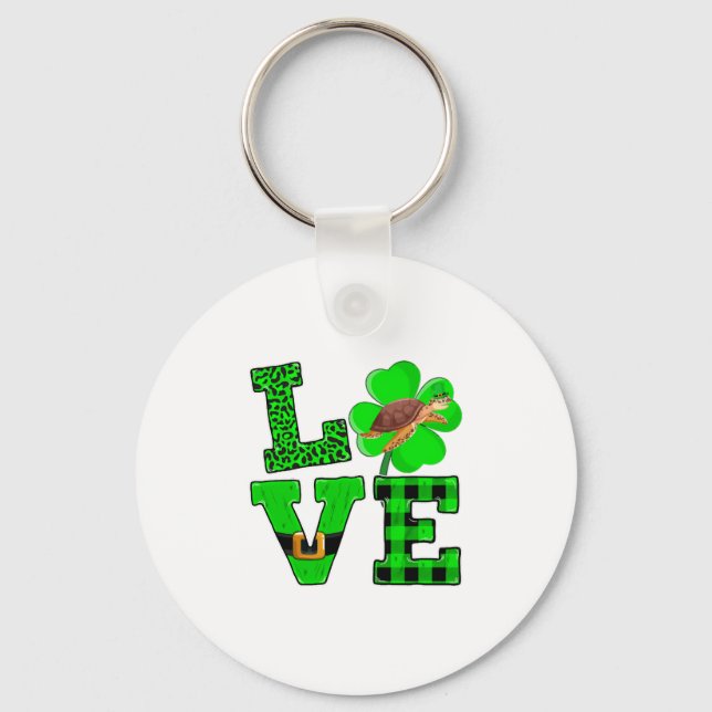 Shamrock Green Plaid Love Sea Turtle St Patrick'S Key Ring (Front)