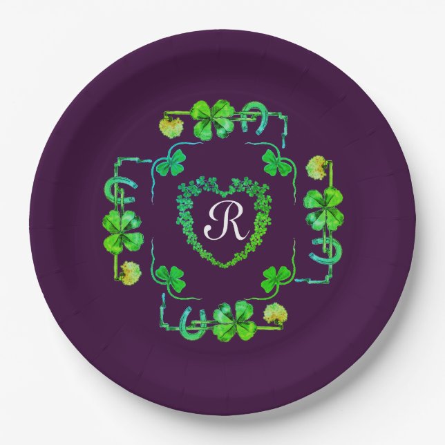 SHAMROCK HEART,FLOWER,GREEN FLORAL MONOGRAM Purple Paper Plate (Front)