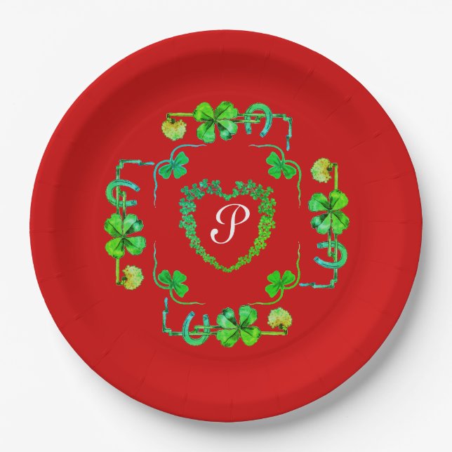 SHAMROCK HEART,FLOWERS,GREEN FLORAL MONOGRAM Red P Paper Plate (Front)