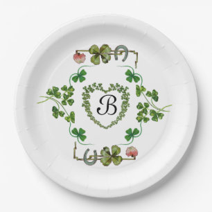 SHAMROCK HEART,FLOWERS,GREEN FLORAL MONOGRAM White Paper Plate
