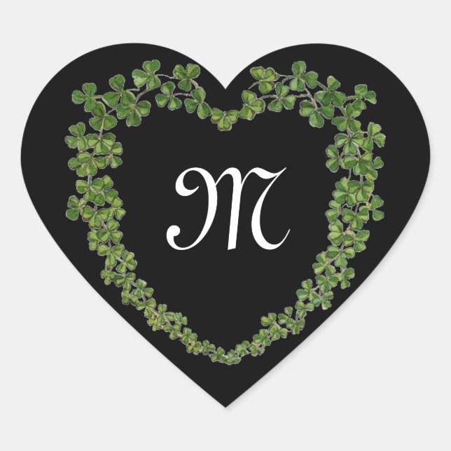 SHAMROCK HEART MONOGRAM St Patrick's Day Black Sticker (Front)