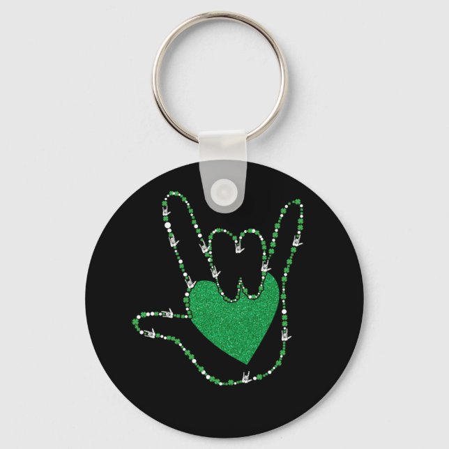 Shamrock I Love You Hands Sign Language ASL Key Ring (Front)