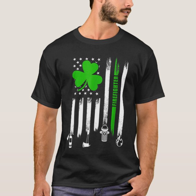 Shamrock Irish American Flag Firefighter St-Patric T-Shirt (Front)