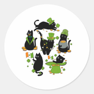 Shamrock Irish Black Cat Saint Patrick Day Classic Round Sticker