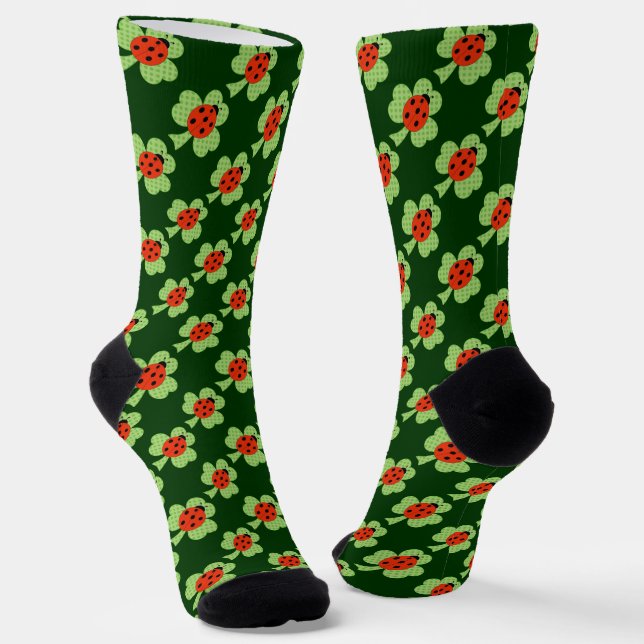 Shamrock Ladybug Polka dots St Patrick Day pattern Socks (Angled)