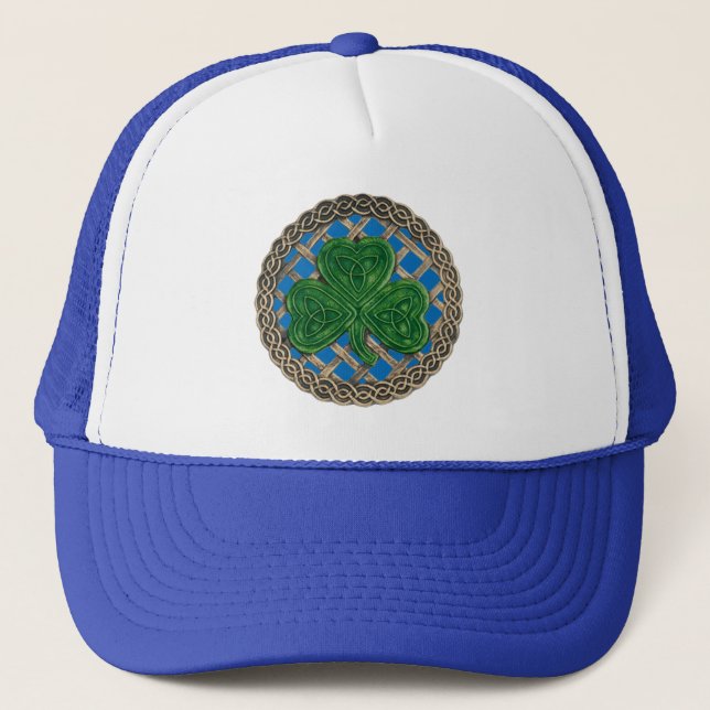 Shamrock, Lattice And Celtic Knots On Blue Hat (Front)