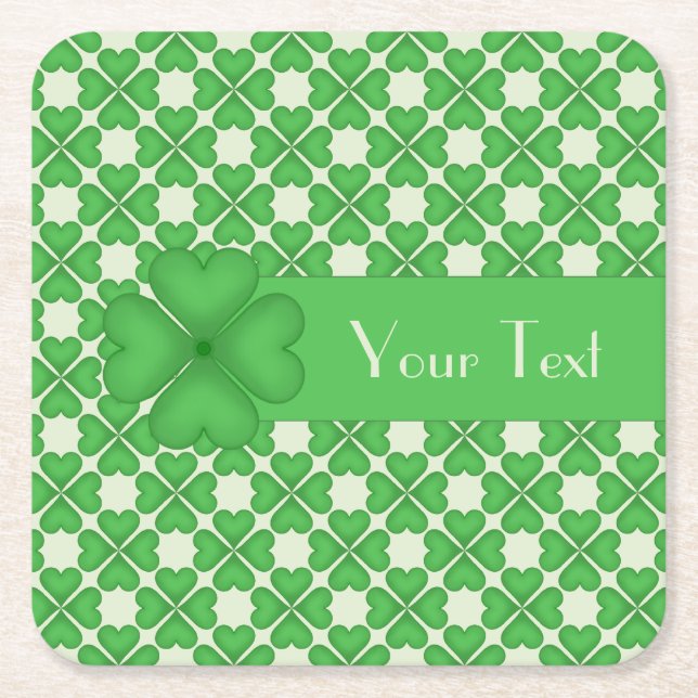 Shamrock leaf Clover Hearts pattern Customisable Square Paper Coaster (Front)