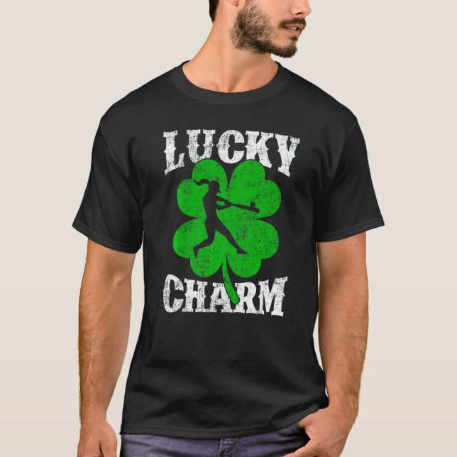 Shamrock Leaf Lucky Charm Softball Player St Patri T-Shirt (Front)