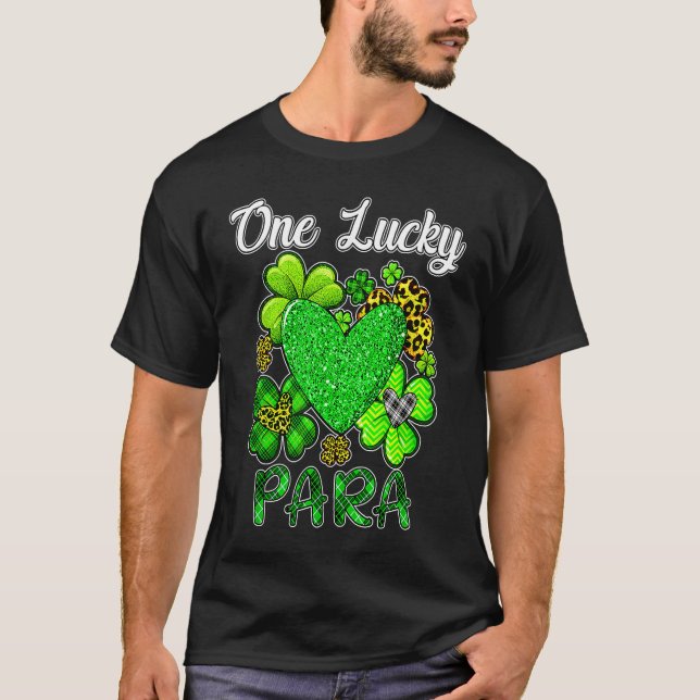Shamrock Leopard Plaid One Lucky Para St Patricks  T-Shirt (Front)