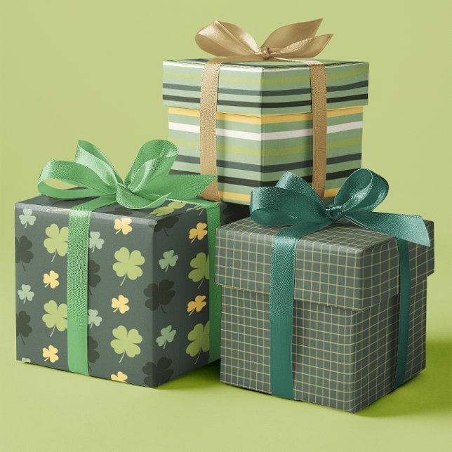 Shamrock & Lines Festive Green & Yellow set of 3 Wrapping Paper Sheet (Shamrock & Lines Festive Green & Yellow set of 3 Wrapping Paper Sheets)
