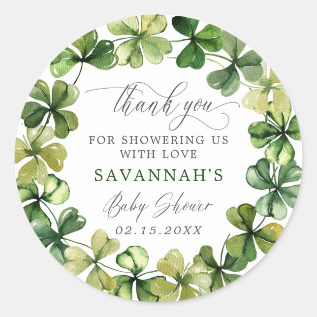 Shamrock Lucky Clover Spring Baby Shower Thank You Classic Round Sticker (Front)