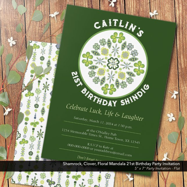 Shamrock Mandala 21st Birthday Party Invitation (Shamrock, Clover, and Floral Lucky Mandala: 21st Birthday Party Invitation)