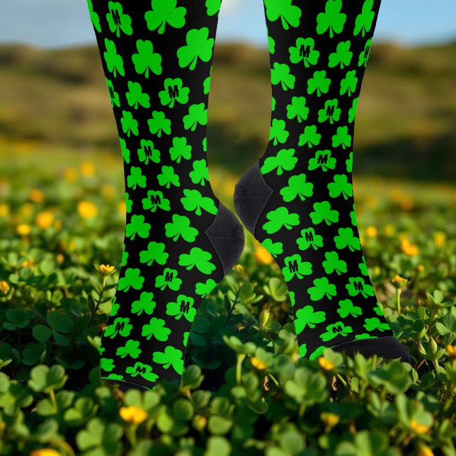 Shamrock Monogram Black St Patrick's Day Socks (Let your feet have the luck of the Irish this St Patrick's Day in a pair of shamrock socks.)