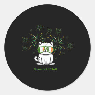Shamrock N Roll Cat St Patricks Day Men Women Kids Classic Round Sticker