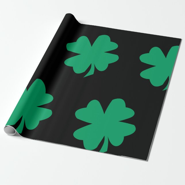 Shamrock Pattern Black Green St Patrick's Day 2024 Wrapping Paper (Unrolled)