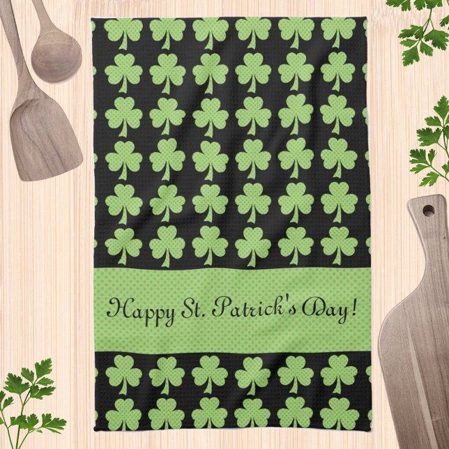 Shamrock Polka dot St Patrick Day Your text black Tea Towel (Creator Uploaded)