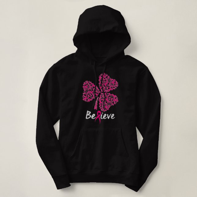 Shamrock Ribbon Pink Support Believe Breast Cancer Hoodie (Design Front)