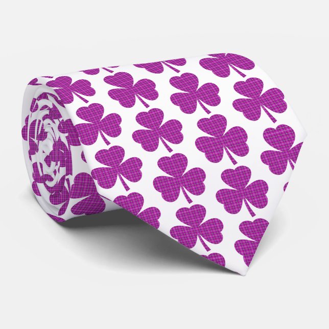 Shamrock Shape Plaid Pink Purple Neck Tie (Rolled)