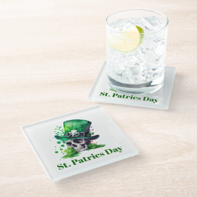 Shamrock skull design glass coaster (Angled)