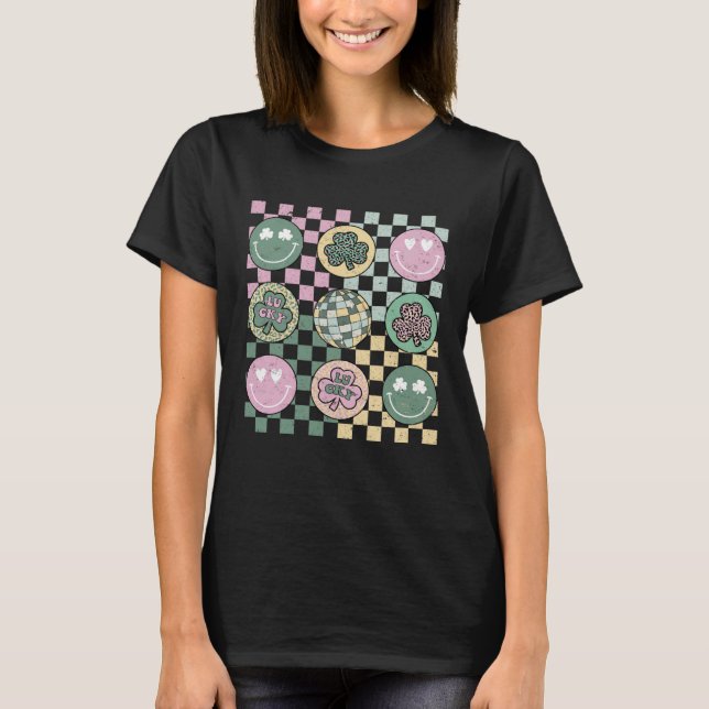 Shamrock Smile Face Disco Retro Groovy St Patricks T-Shirt (Front)