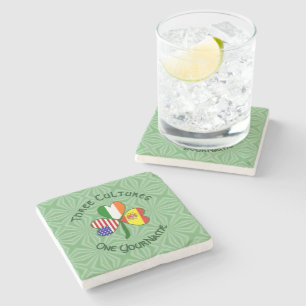 Shamrock Spain Ireland USA Flags Stone Coaster