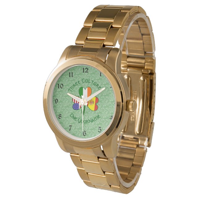 Shamrock Spain Ireland USA Flags Watch (Angled)