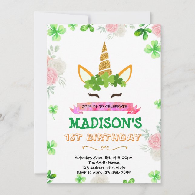 Shamrock unicorn invitation (Front)
