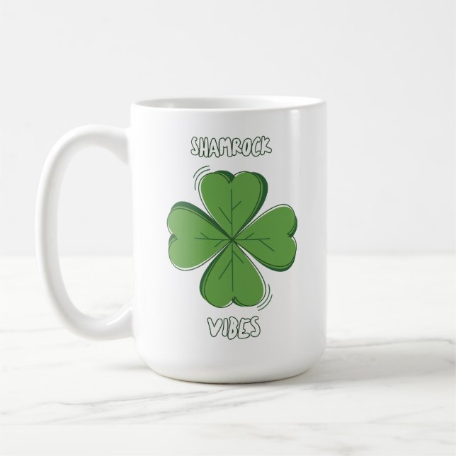 Shamrock Vibes Four-Leaf Clover St. Paddy's Day Coffee Mug (Left)