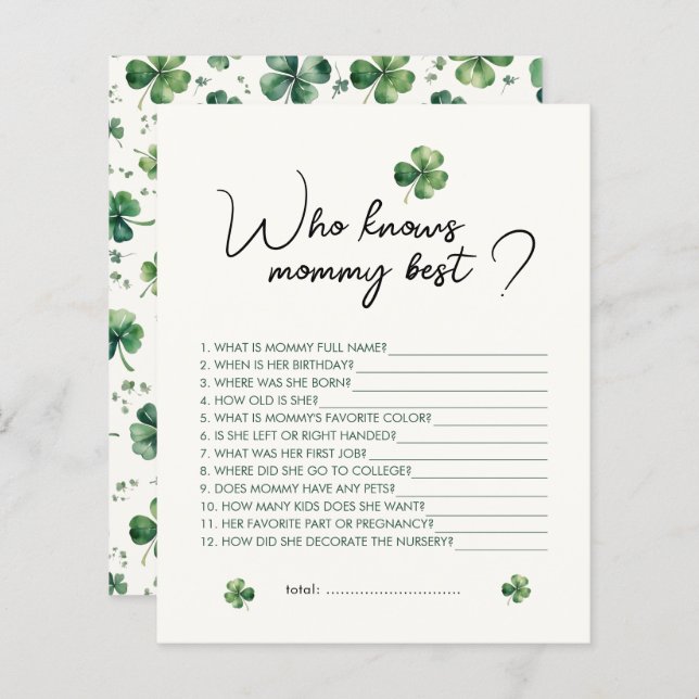Shamrock Who Knows Mummy Best Baby Shower Game (Front/Back)
