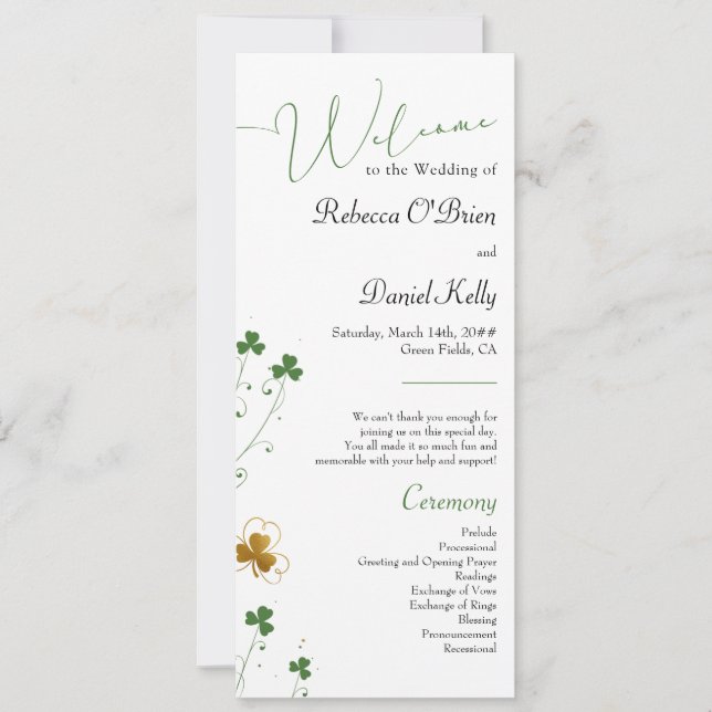 Shamrock Wildflower Elegant Wedding Program Card (Front)