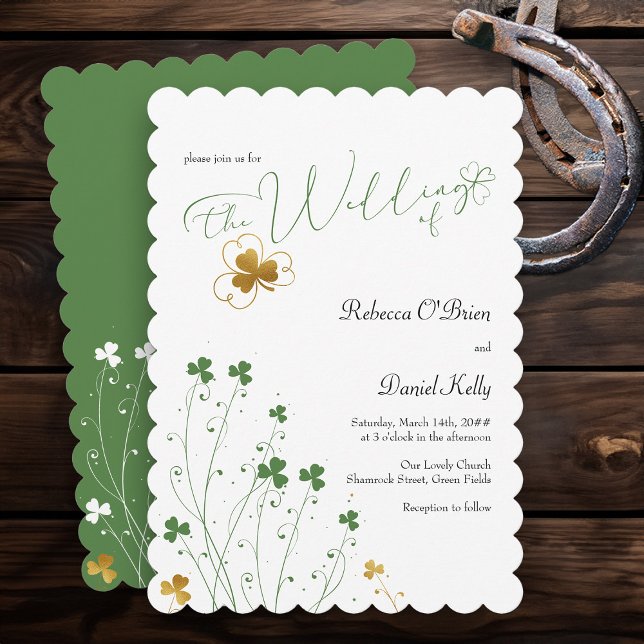 Shamrock Wildflower Green and Gold Wedding Invitation (Elegant Wedding Invitation from my Shamrock Wildflower wedding collection)