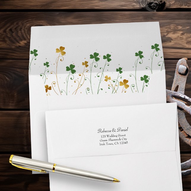 Shamrock Wildflowers Green Gold Wedding Invitation Envelope (Wedding Invitation envelopes from my Shamrock Wildflower wedding collection)