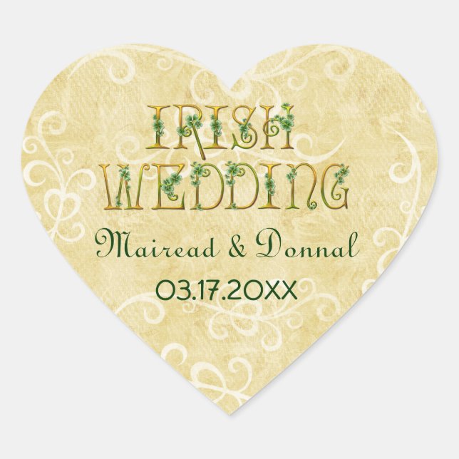 Shamrocks and Gold Irish Wedding Heart Sticker (Front)
