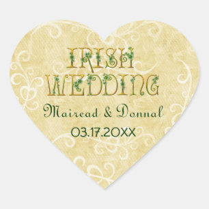 Shamrocks and Gold Irish Wedding Heart Sticker