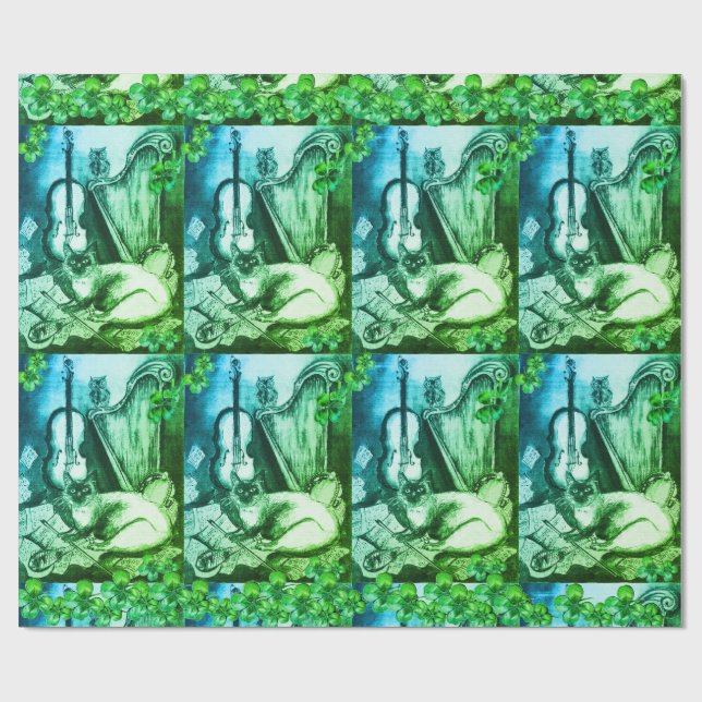 Shamrocks and St.Patrick's Day Cat Making Music Wrapping Paper (Flat)
