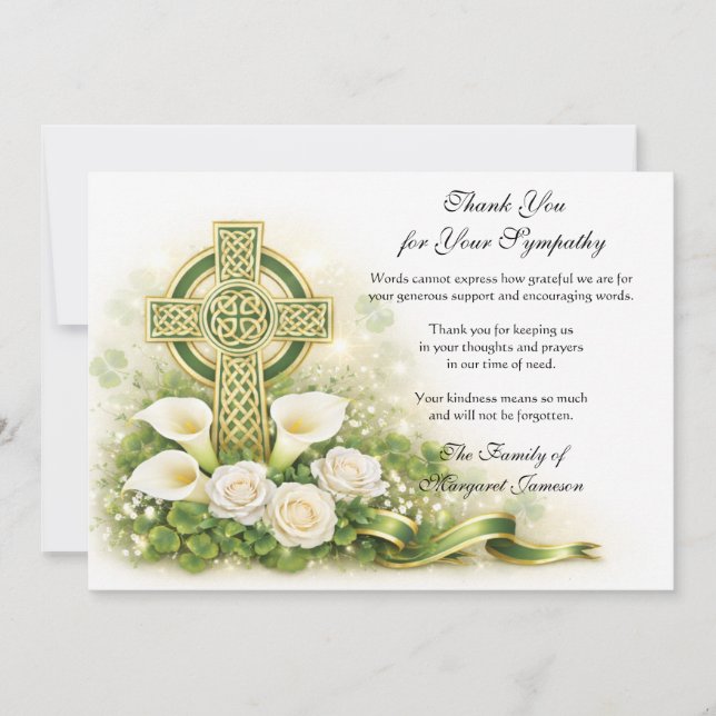 Shamrocks Catholic Irish Celtic Cross Condolence  Thank You Card (Front)