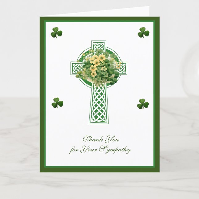 Shamrocks Catholic Irish Celtic Cross Condolence Thank You Card (Creator Uploaded)